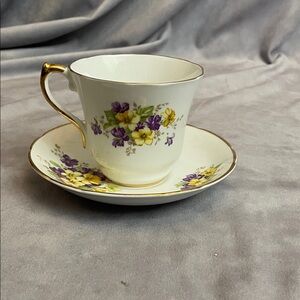 Floral Teacup and Saucer Set with Gold Accents